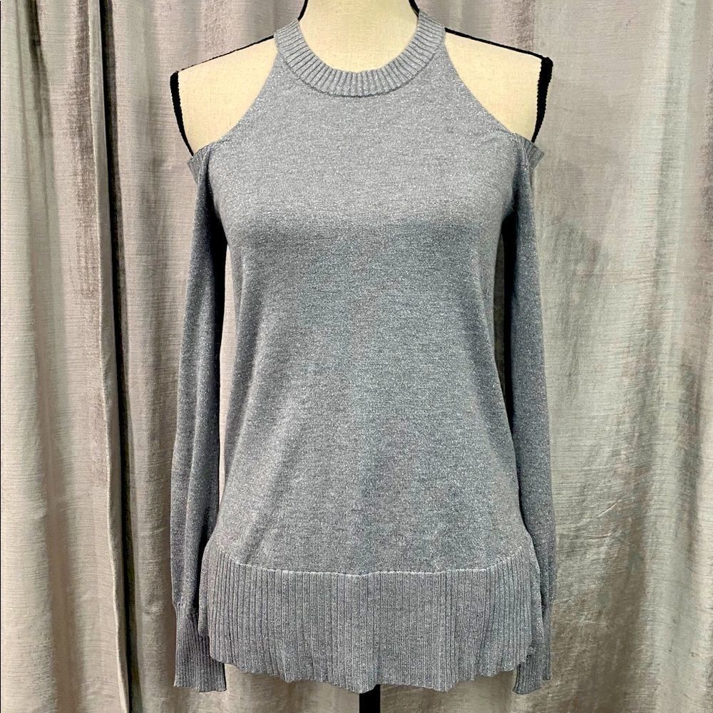 AQUA Silver Lurex Cold Shoulder Sweater NWT